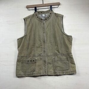 Vintage Grommet Studded Denim Vest khaki Utility Snap Front Xl